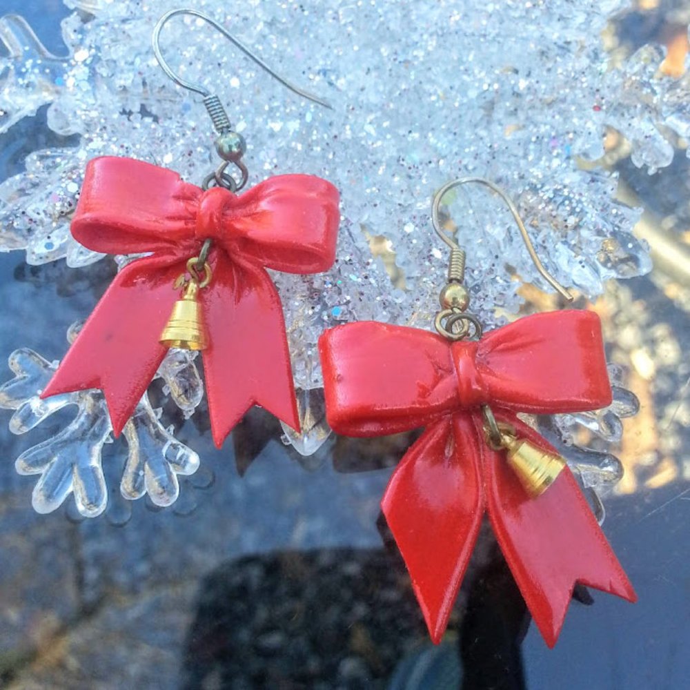Vintage Red Ribbon Bow Dangle Jingle Bell Hook Earrings 2"